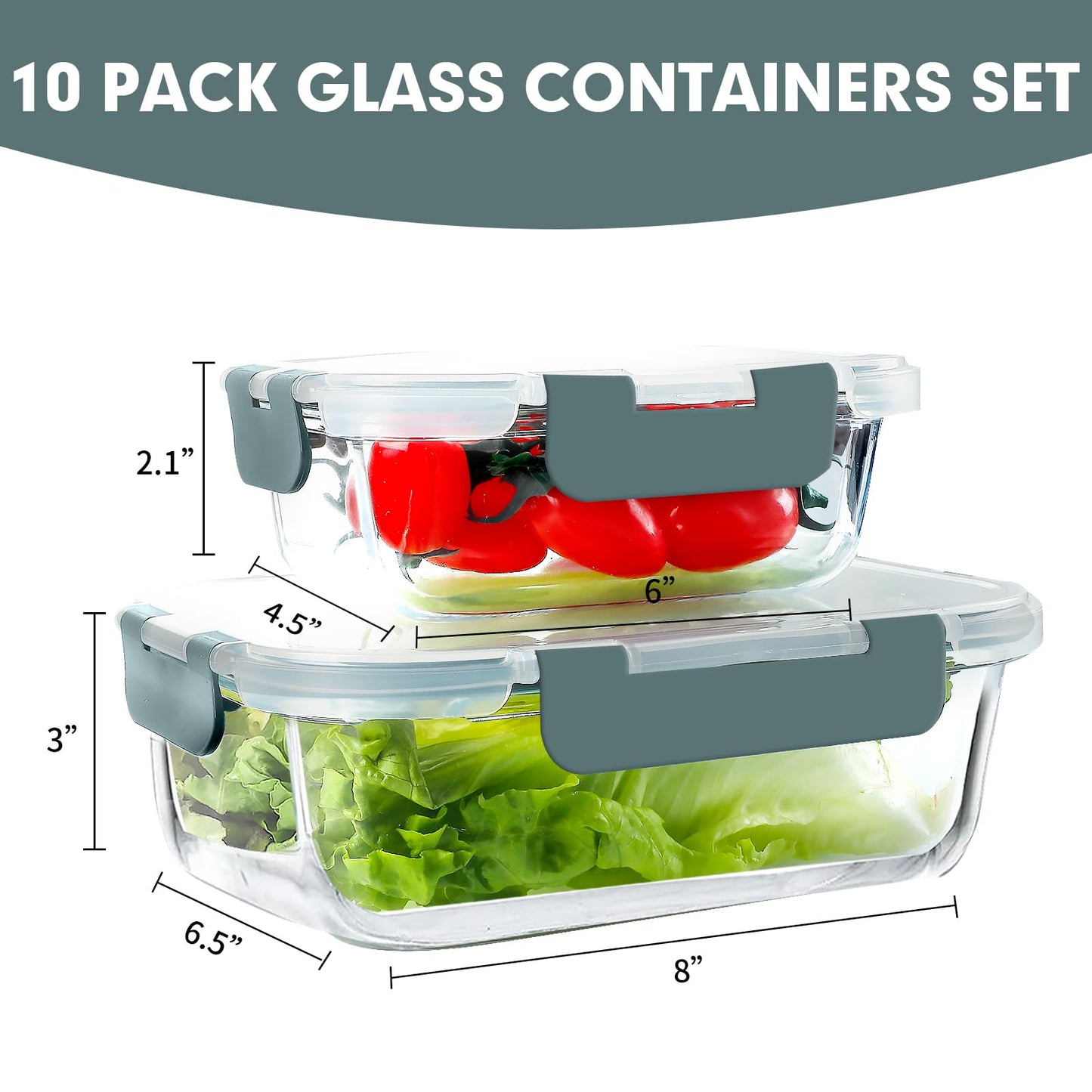 10 Pc Airtight Glass Meal Prep Containers